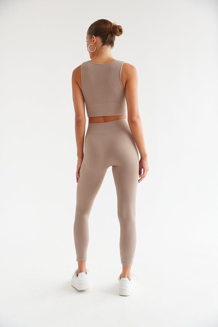 women's neutral tone matching workout set - leggings and cropped tank top