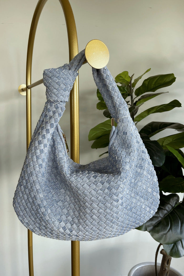 denim woven knotted slouchy shoulder bag