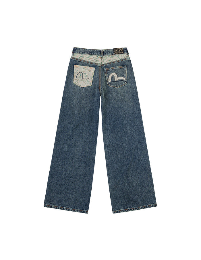 Brocade Pocket and Seagull Appliqué Straight Fit Denim Jeans