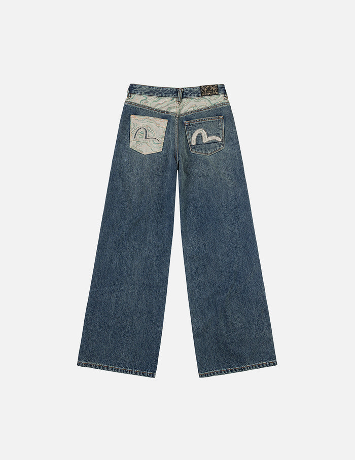 Brocade Pocket and Seagull Appliqué Straight Fit Denim Jeans