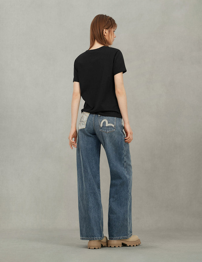 Brocade Pocket and Seagull Appliqué Straight Fit Denim Jeans