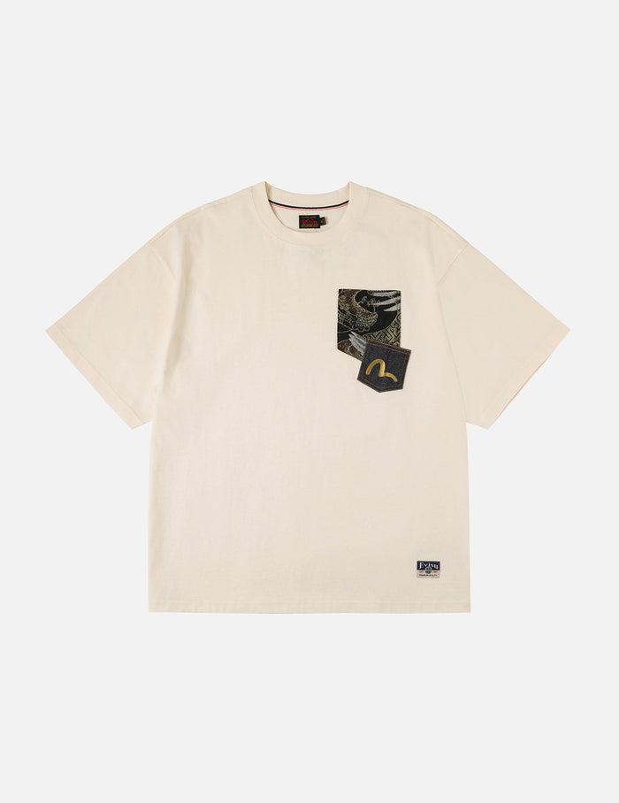 Brocade Pocket with Seagull Foil Print Loose Fit T-Shirt