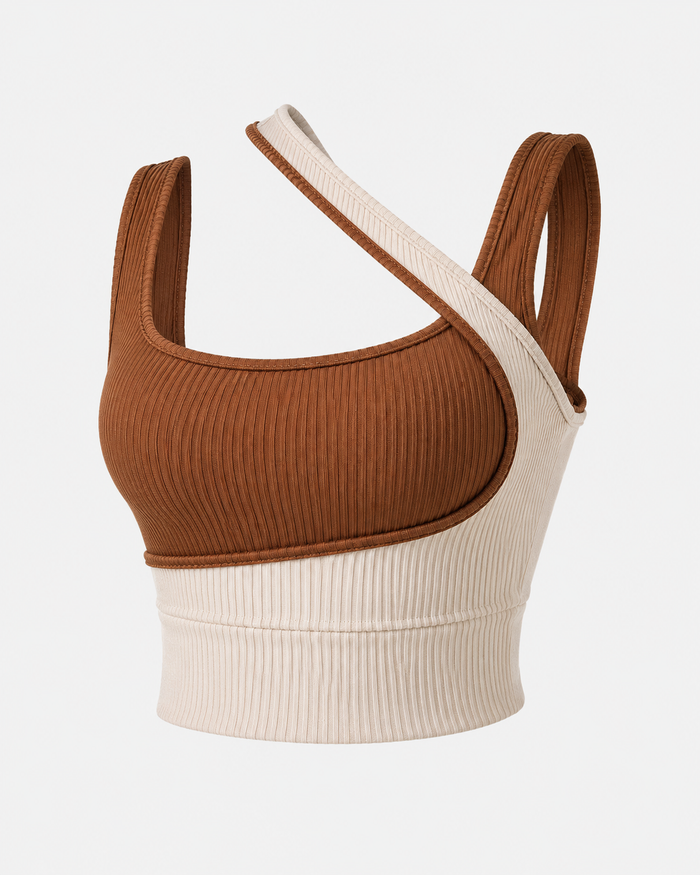 Brown Beige Colorblock Ribbed Crop Top – Asymmetrical One Shoulder Tank – Trendy Summer Casual Style
