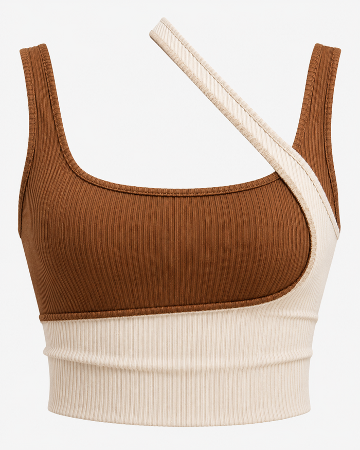 Brown Beige Colorblock Ribbed Crop Top – Asymmetrical One Shoulder Tank – Trendy Summer Casual Style