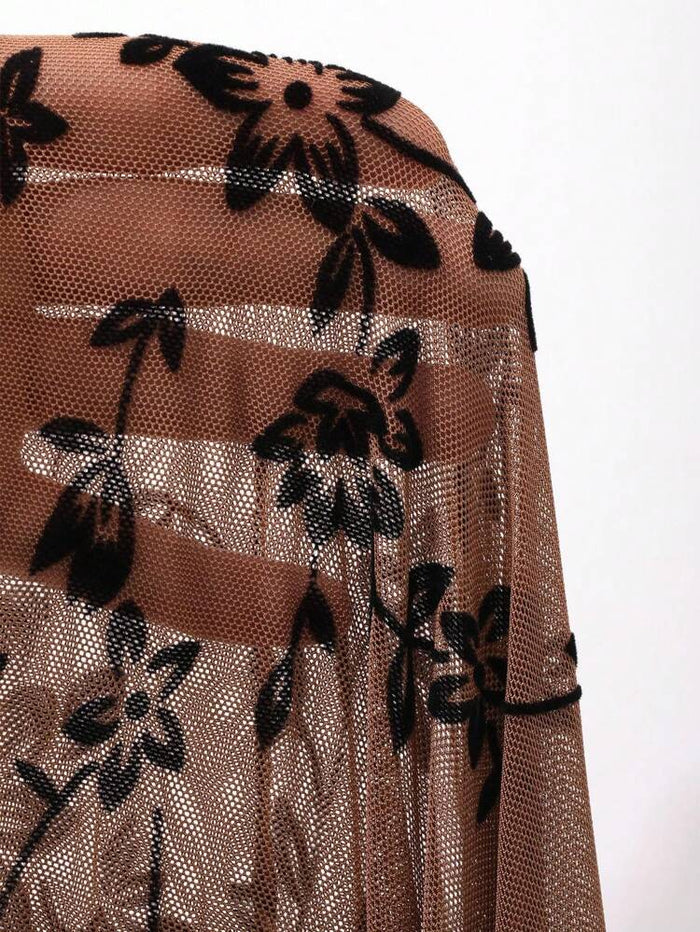Brown Sheer Floral Mesh Crop Top – Long Sleeve Flocked Blouse – Elegant Feminine Party Style