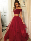 Burgundy 2 Pieces Off Shoulder Prom Dresses, 2 Pieces Graduation Dresses, Burgundy Formal Dresses