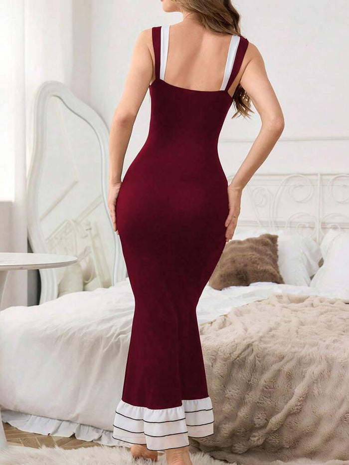 Burgundy Contrast Trim Sleeveless Maxi Dress – Slim Fit Ruffle Hem Dress for Women