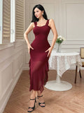 Burgundy Ruched Sweetheart Neck Ruffle Hem Midi Dress – Elegant Slim Fit Dress for Women