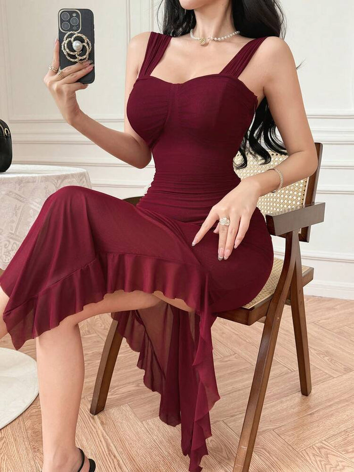 Burgundy Ruched Sweetheart Neck Ruffle Hem Midi Dress – Elegant Slim Fit Dress for Women