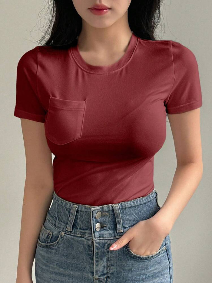 Burgundy Satin Look Pocket T Shirt – Slim Fit Short Sleeve Basic Top – Chic Casual Everyday Style