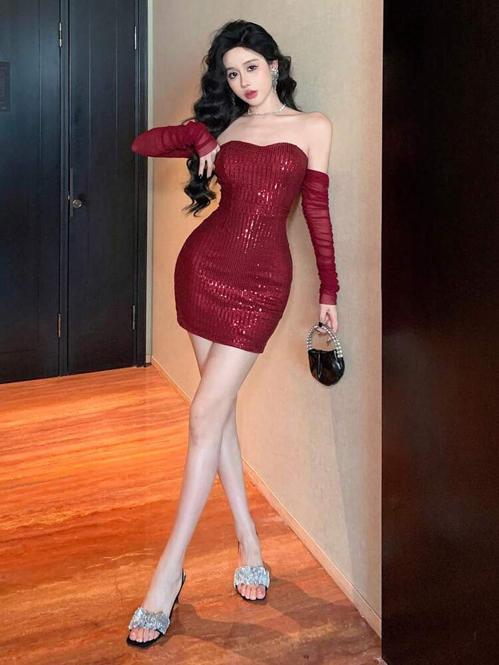 Burgundy Sequin Off Shoulder Mini Dress – Strapless Bodycon Party Dress with Sheer Sleeves for Women