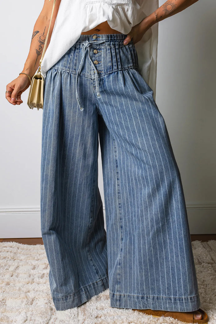 Button Pleated Drawstring Waist Casual Wide Leg Jeans – Sky Blue Stripe