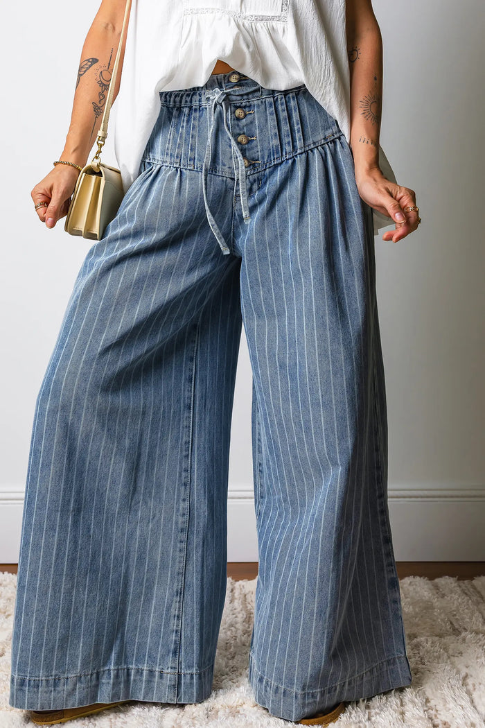 Button Pleated Drawstring Waist Casual Wide Leg Jeans – Sky Blue Stripe