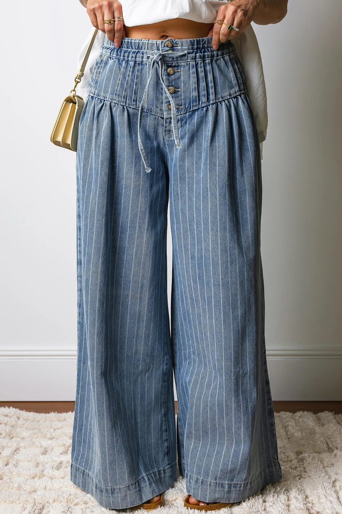 Button Pleated Drawstring Waist Casual Wide Leg Jeans – Sky Blue Stripe