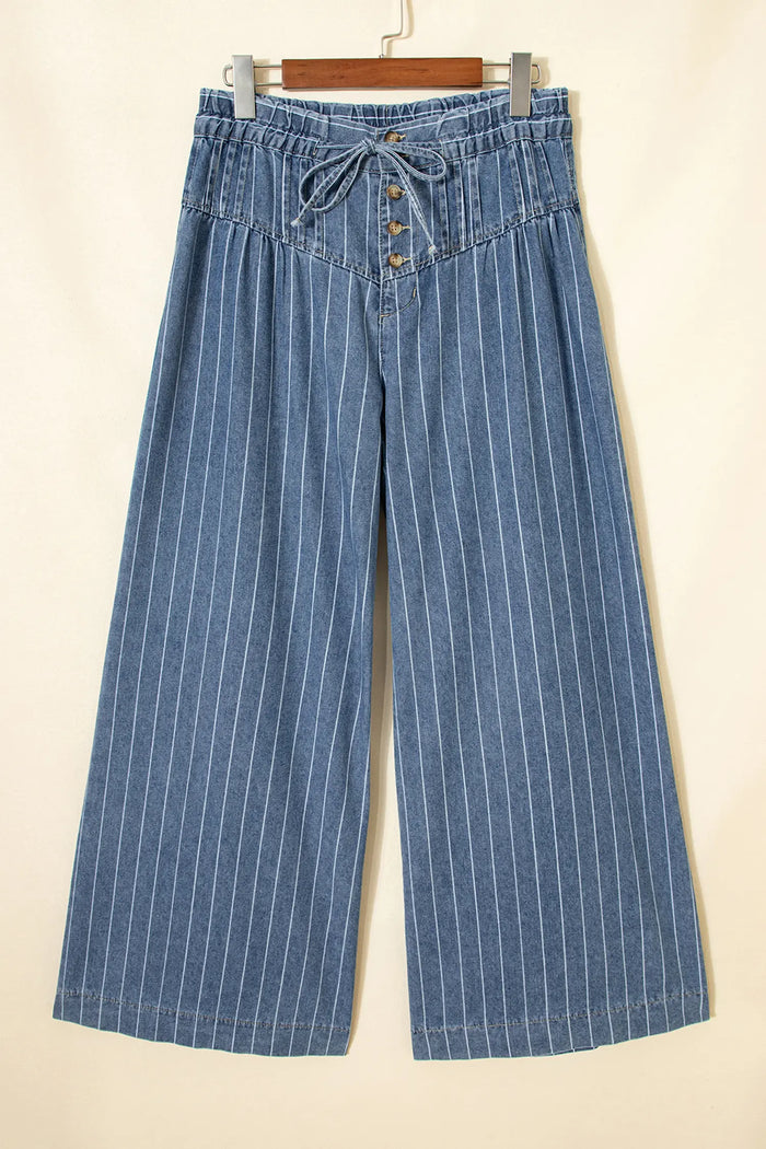 Button Pleated Drawstring Waist Casual Wide Leg Jeans – Sky Blue Stripe