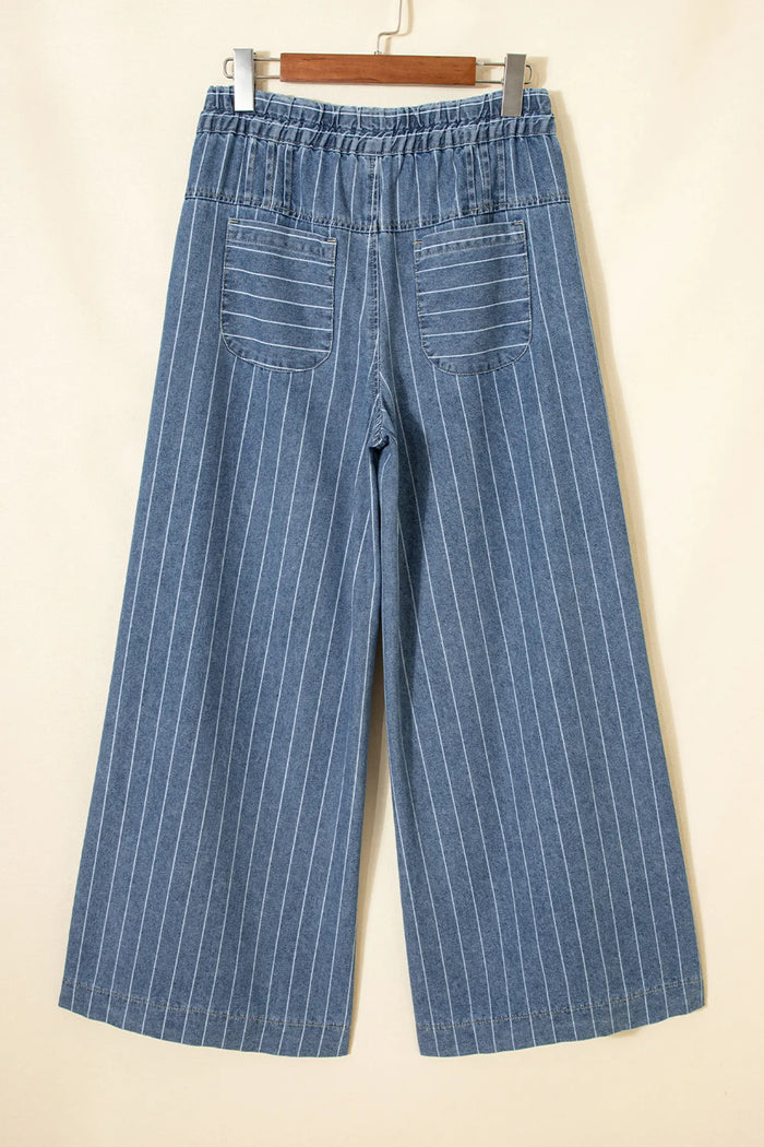 Button Pleated Drawstring Waist Casual Wide Leg Jeans – Sky Blue Stripe