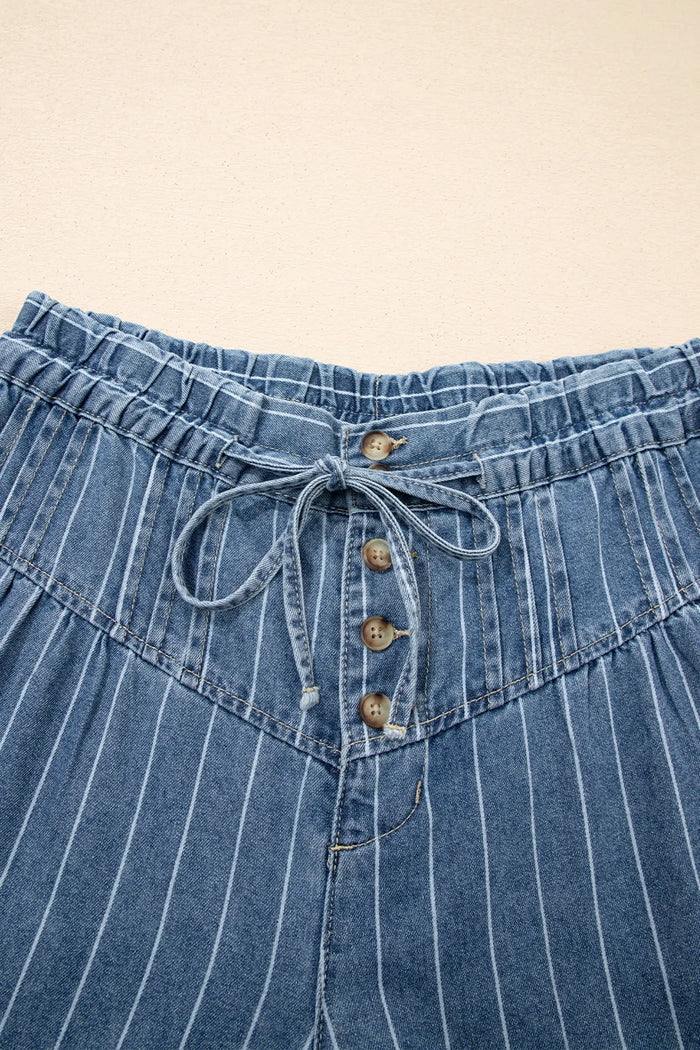 Button Pleated Drawstring Waist Casual Wide Leg Jeans – Sky Blue Stripe