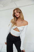 long sleeve top off the shoulder with twist front in white - casual outfits - fall outfits - pumpkin patch - apple picking - orchards | white-image