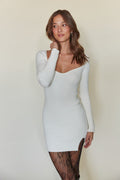 white knit bodycon mini-dress with side slit-and sweetheart neckline | winter cozy dress | white-image