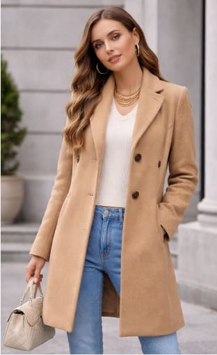Camel Longline Wool Blend Coat – Elegant Button Front Winter Overcoat for Women