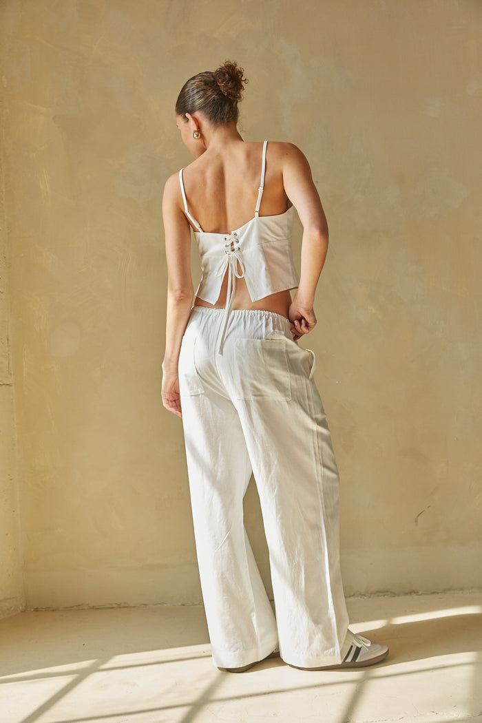 white open lace up back linen cami tank with spaghetti straps | cruise outfit boutique
