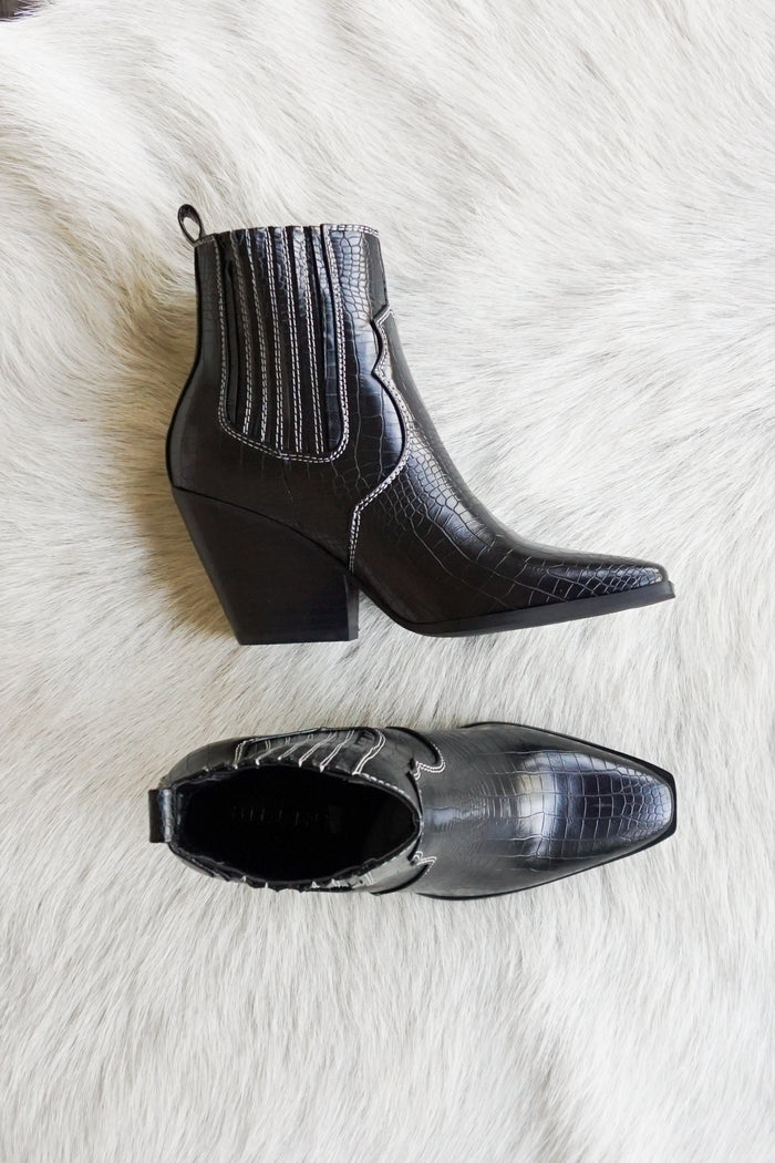 Camille Western Mid Ankle Boot in Black Top and Side View