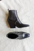 Camille Western Mid Ankle Boot in Black Top and Side View