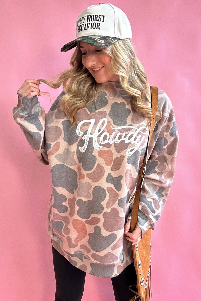 Camo Print Howdy Western Style Baggy Pullover Sweatshirt – Multicolour