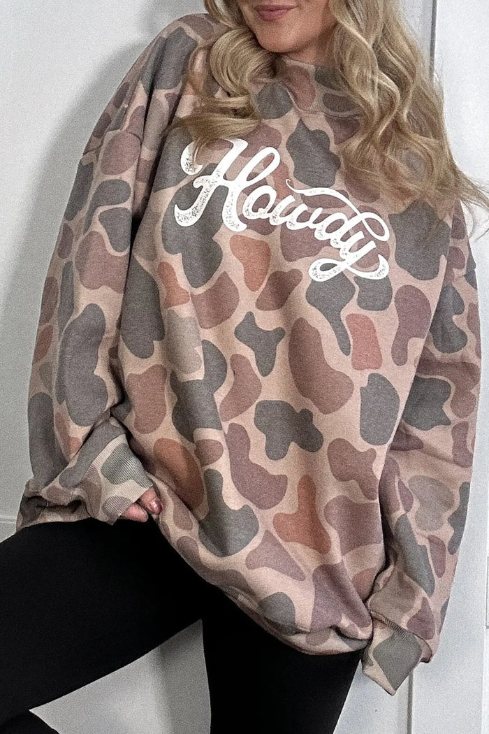 Camo Print Howdy Western Style Baggy Pullover Sweatshirt – Multicolour