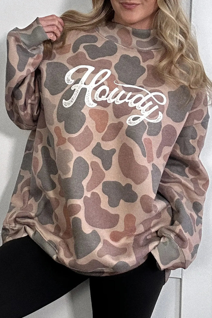 Camo Print Howdy Western Style Baggy Pullover Sweatshirt – Multicolour