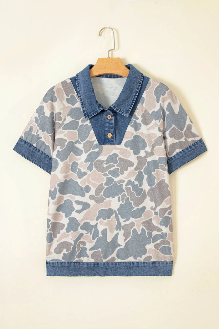Camouflage Print Denim Patchwork Polo Collar Tee – Multicolour
