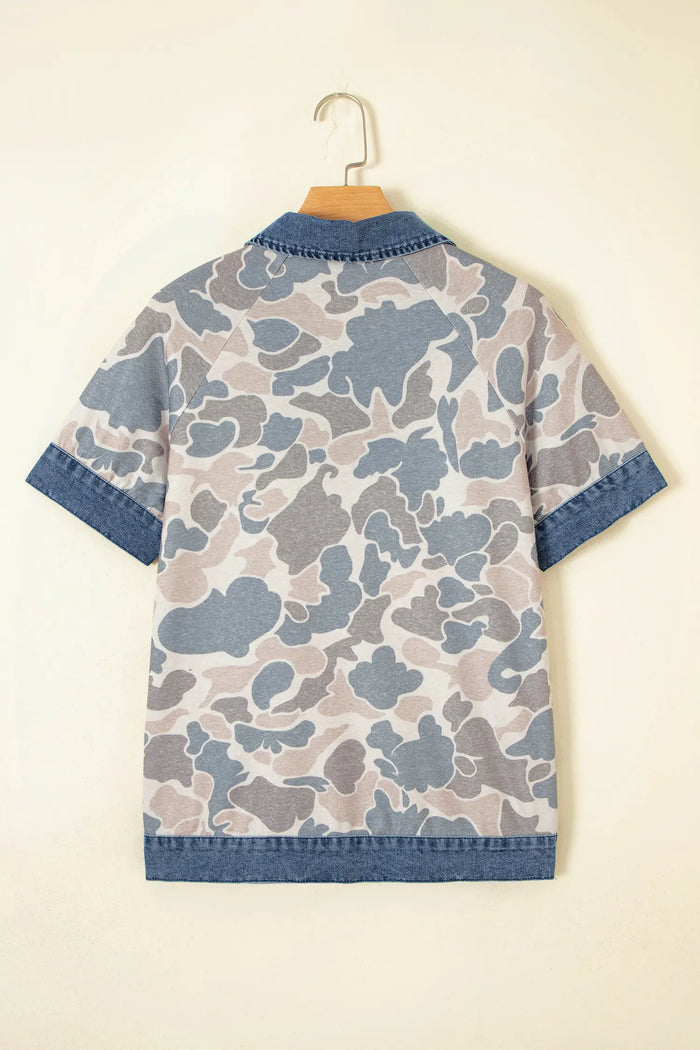 Camouflage Print Denim Patchwork Polo Collar Tee – Multicolour