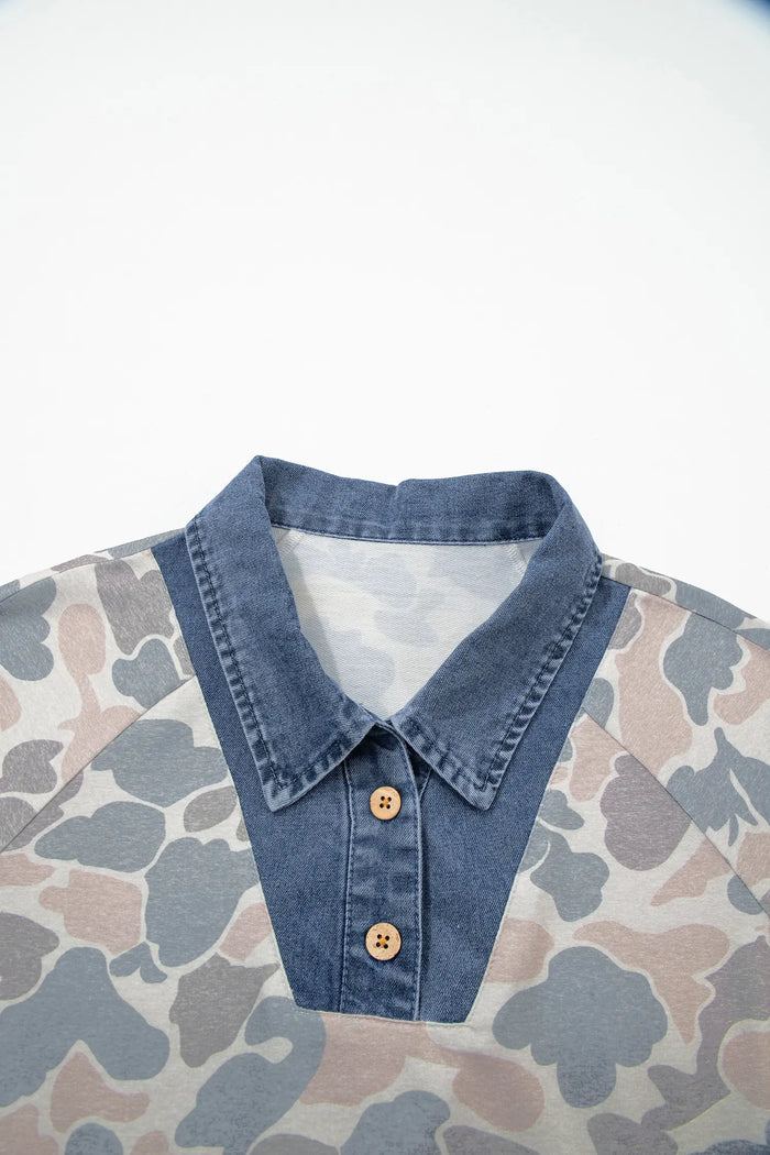 Camouflage Print Denim Patchwork Polo Collar Tee – Multicolour