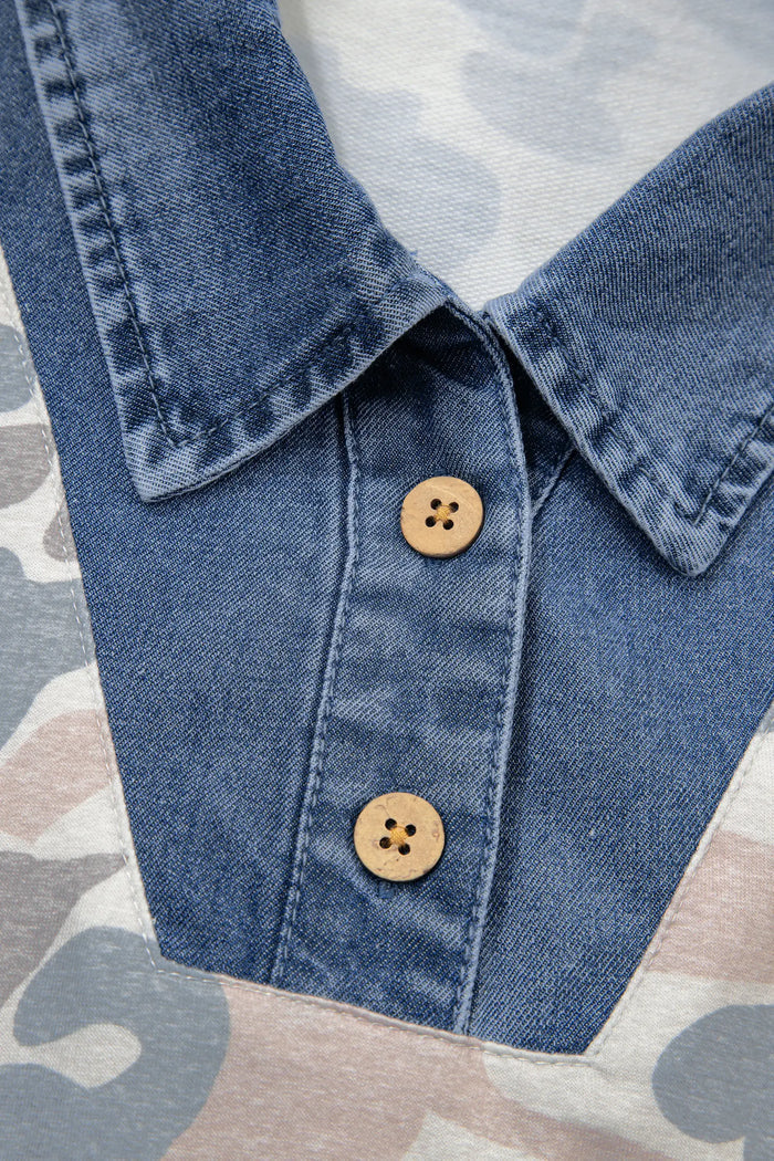 Camouflage Print Denim Patchwork Polo Collar Tee – Multicolour