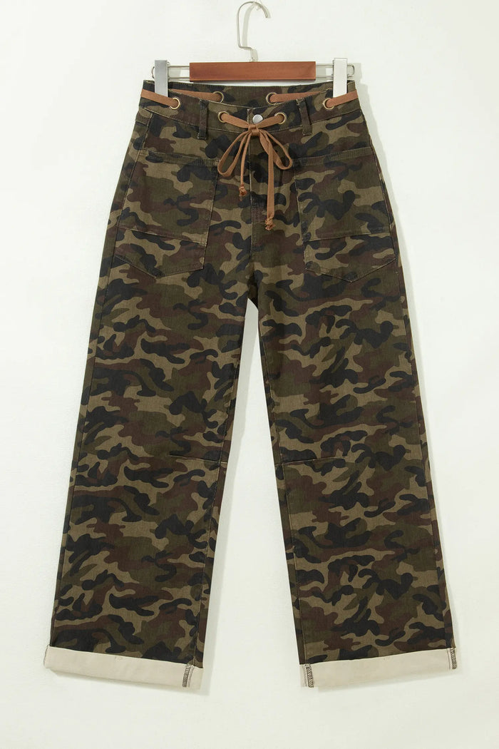 Camouflage Print Retro Grommet Tie Waist Loose Jeans – Multicolour