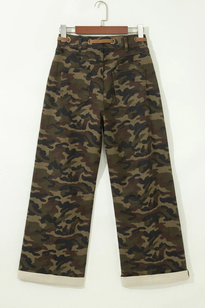 Camouflage Print Retro Grommet Tie Waist Loose Jeans – Multicolour