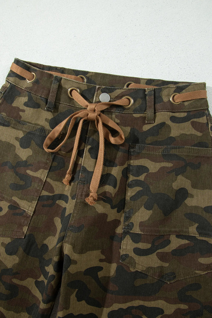 Camouflage Print Retro Grommet Tie Waist Loose Jeans – Multicolour