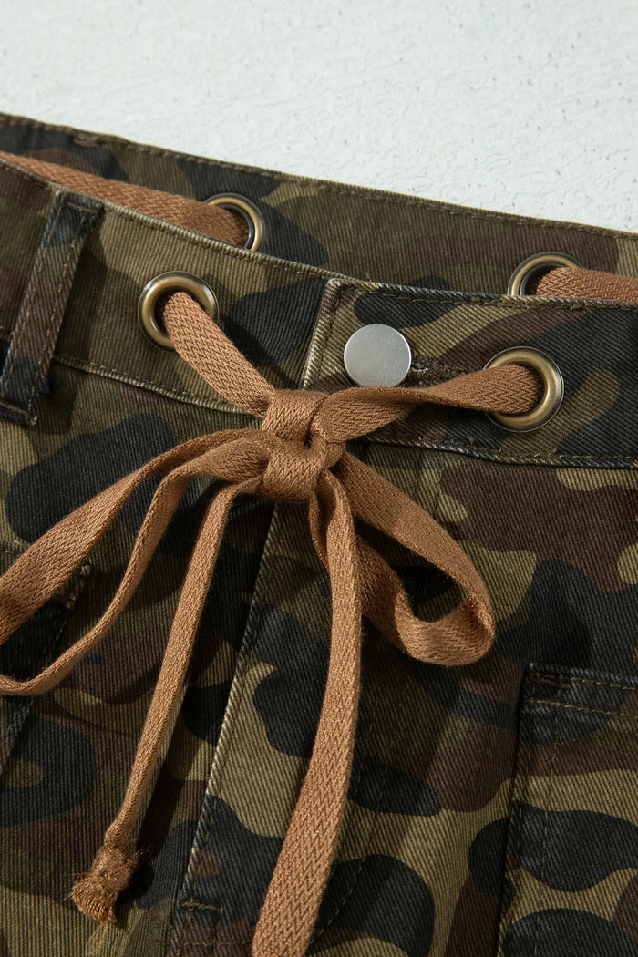 Camouflage Print Retro Grommet Tie Waist Loose Jeans – Multicolour