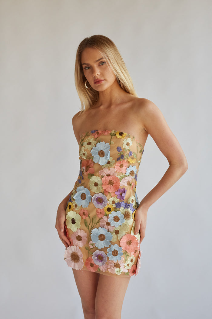 pastel multicolored flower applique on nude strapless bodycon mini dress | taylor swift grammy dress