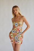 pastel multicolored flower applique on nude strapless bodycon mini dress | taylor swift grammy dress