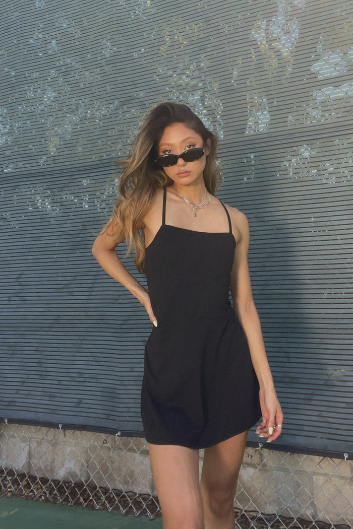 Black Double Lined Mini Tennis Dress- adjustable straps and built in shorts with pockets