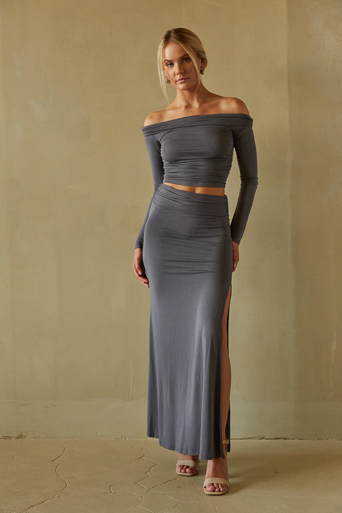 grey long sleeve off the shoulder top - trendy fall fashion - matching set -