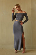 sexy gray jersey knit off shoulder long sleeve crop top with long maxi skirt and high leg slit