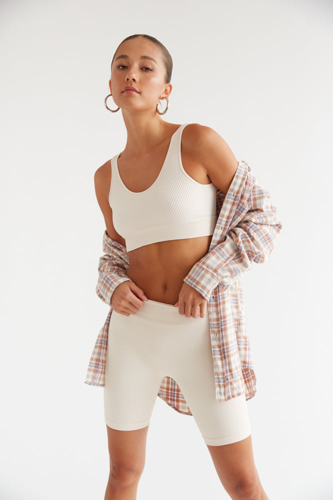 plaid flannel and white biker shorts - women's fashion
