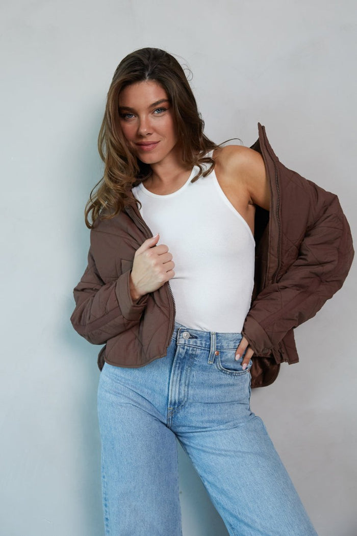 chocolate-image | front-image | chocolate brown zip up quilted mock neck puffer jacket with pockets | brown puffer jacket | quilted jacket | everyday jacket | holiday jacket