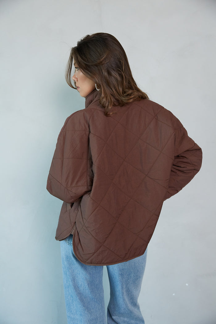 back-image | mock neck jacket | stylish brown jacket | brown outerwear | casual brown jacket | warm jacket