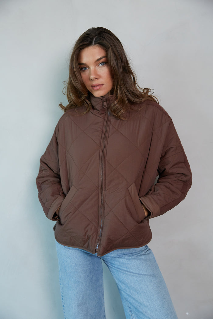 front-image | chocolate brown puffer jacket | winter must have jacket | puffer jacket with pockets | cold weather winter puffer