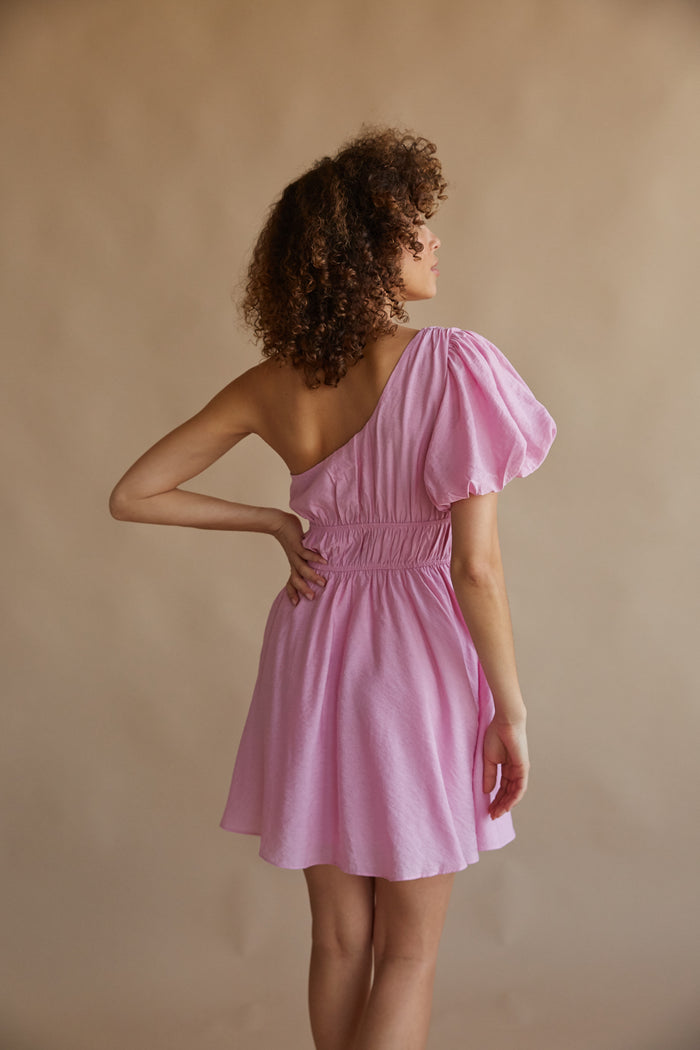 one shoulder puff sleeve babydoll dress