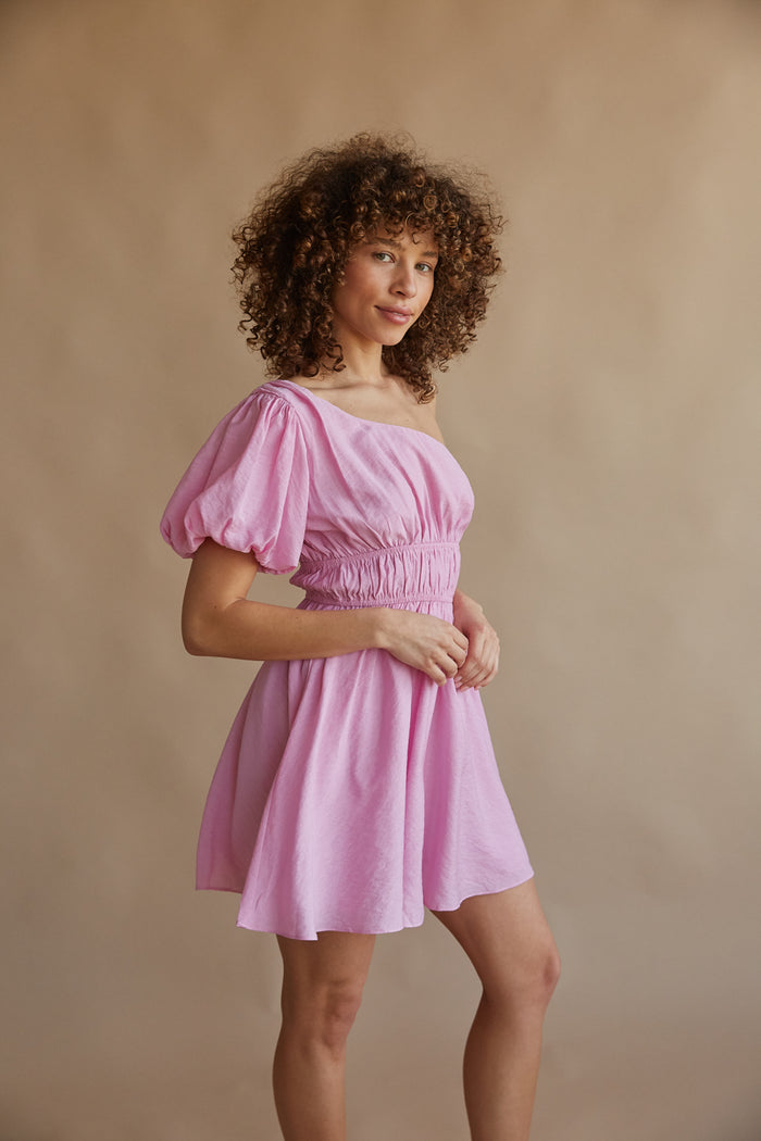 pink one shoulder puff sleeve mini dress | pink recruitment dress