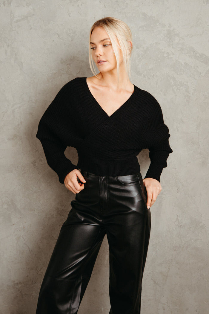 black criss cross open back wrap sweater - black sweater for fall - black fall sweater - black-image